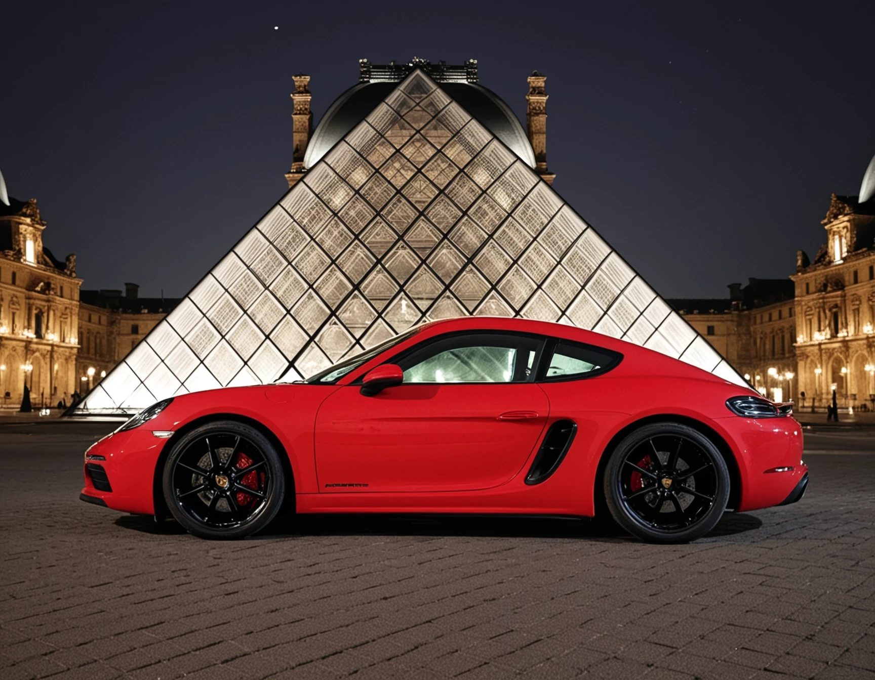 Cayman, a red Porsche Cayman sports car parked in front of the LOUVRE at night
