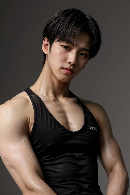 hongseok, muscular, solo, 1boy, wearing black tank shirt, black sleeveless shirt, <lora:NSFWFilter:-1> shiny_skin, male focus <lora:oil2.0_2-512-64:0.8> (highres, ultra detailed) ((masterpiece)), ((best quality:1.1)), High Resolution, 8k,1boy, (photorealistic:1.4), high quality, dynamic poses <lora:hongseok:0.9> <lora:more_details:0.6>