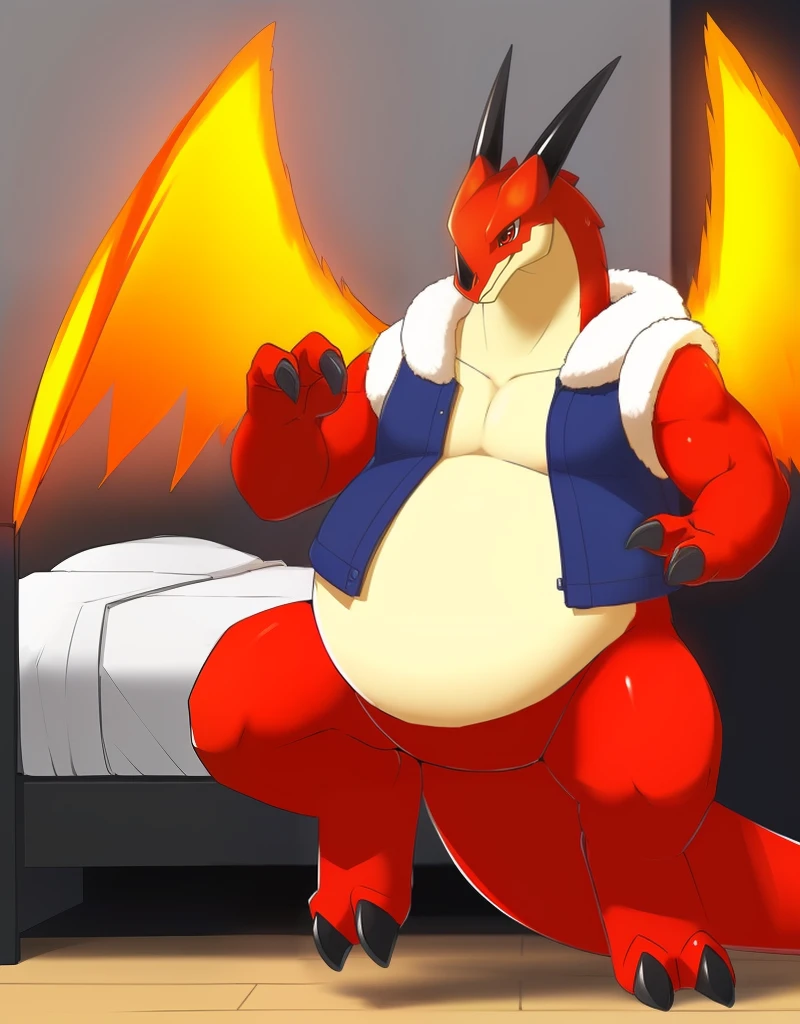 (((detailed eyes, detailed face))), (bara, oumi <lora:character_oumi_findigo_v2:1>, dragon tail, wings), male, (plump, fat, chubby, overweight), (blue happi, open kimono, open shirt, sleeveless, fundoshi, male underwear, sandals), standing, arms behind back, smile BREAK (konzaburou, ukan_muri, cute), bedroom, (soft shading), 8k, UHD, masterpiece
