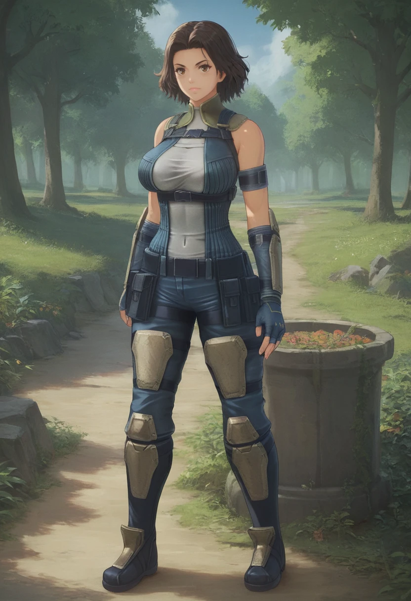 score_9, score_8_up, score_7_up, 1girl, solo, full body, standing, ribbed shirt, green collar, blue pants, arm pads, knee boots, fingerless gloves, arm bands, short hair, large breasts, brown eyes, monica, outdoors <lora:monica xl 026 fro 95:1>