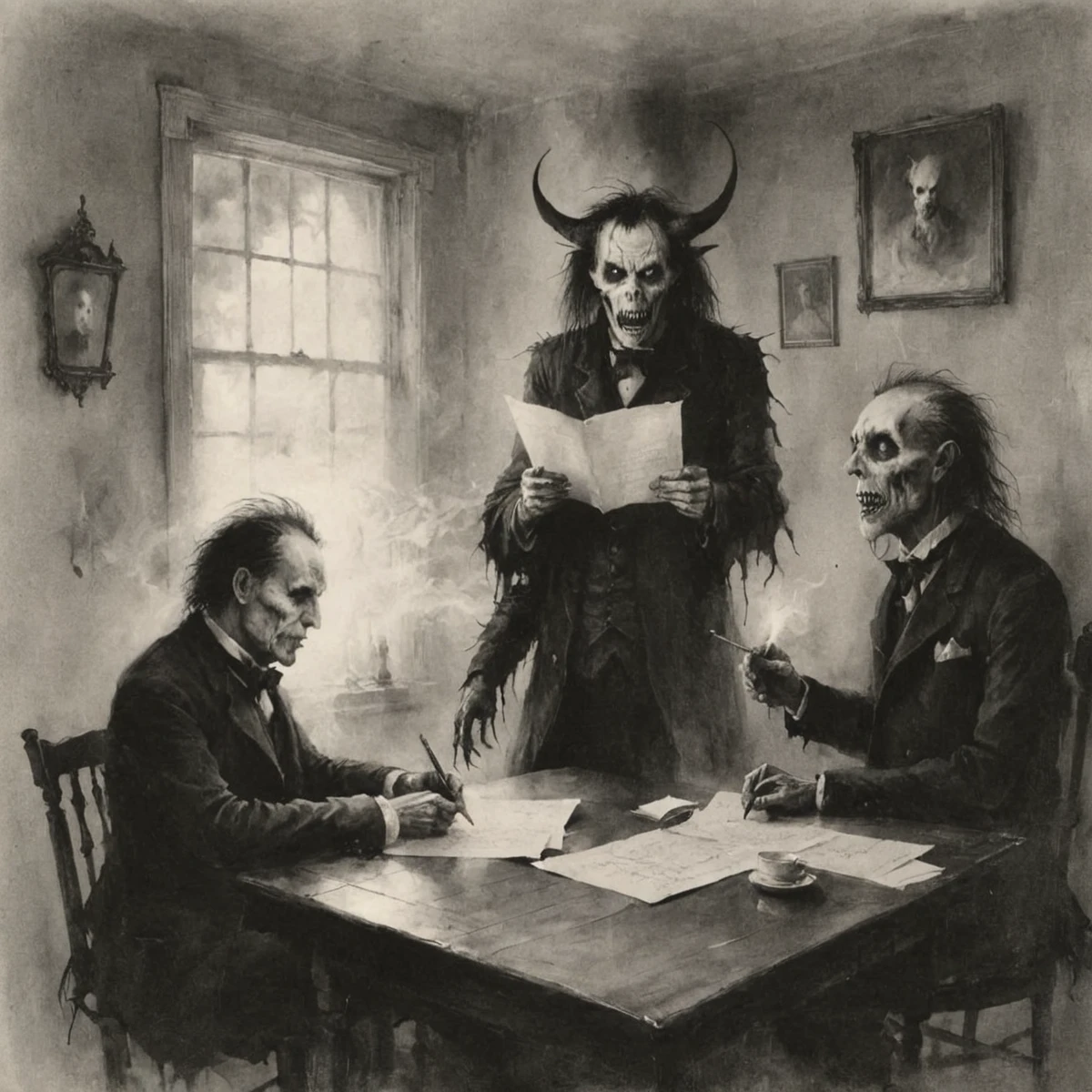 A vision of a Demon and a man signing a contract in a victorian house
Break
stephen gammell (artist),  <lora:Stephen Gammell (artist) SDXL:0.5>