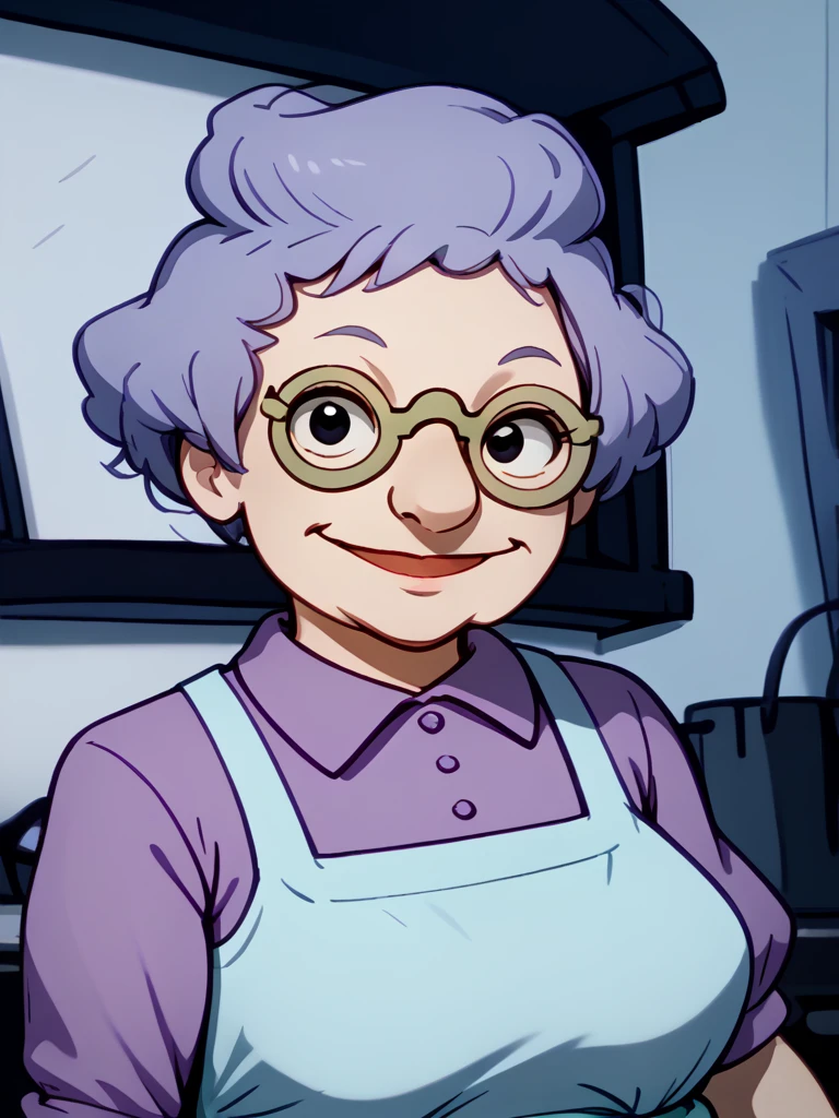 <lora:Minka_Kropotkin_-_Rugrats-10:1.25>1girl, old lady, light blue hair, blue shirt, apron, pince_nez_glasses, vintage_eyewear, dark blue skirt, portrait, looking at viewer, smile, black eyes,, source_cartoon, score_9, score_8_up, score_7_up,