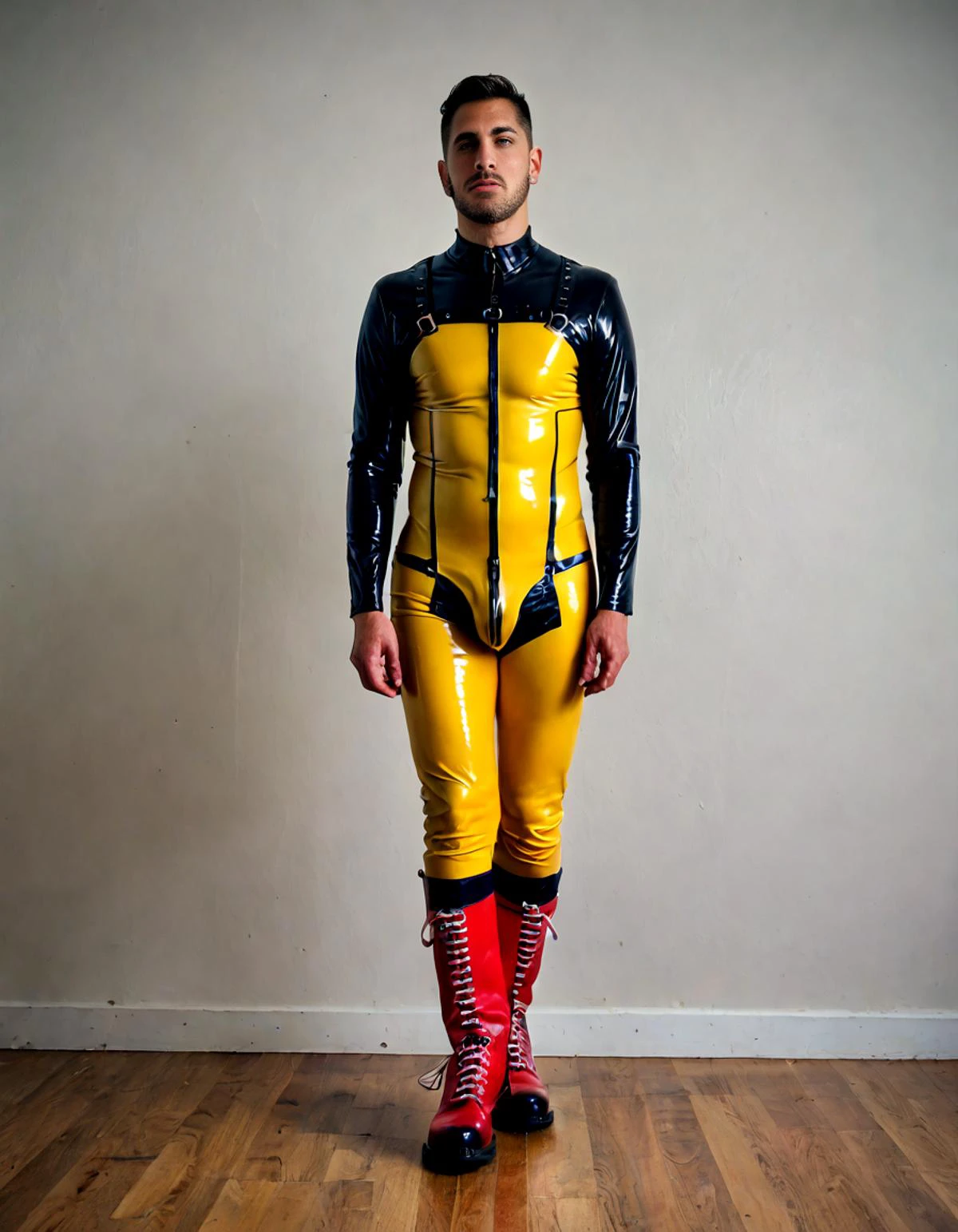 score_9,score_8_up,realistic,1boy,<lora:Gay Outfits:1>,bodysuit,shiny clothes,boots,latex,leather,