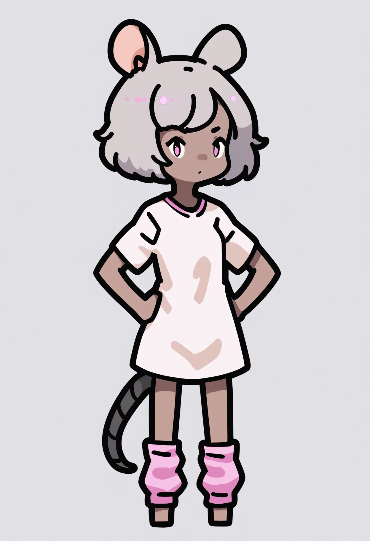 score_9, score_8_up, score_7_up, score_6_up, score_5_up, score_4_up, BREAK
1girl, short hair, grey hair, pink eyes,
mouse ears, mouse tail, chibi,
dark skin,
baggy shirt, bottomless, leg warmers,
hands on hips, standing, full body, solo, looking at viewer, simple background, white background <lora:RabbitAndSteelXLLocon:1>