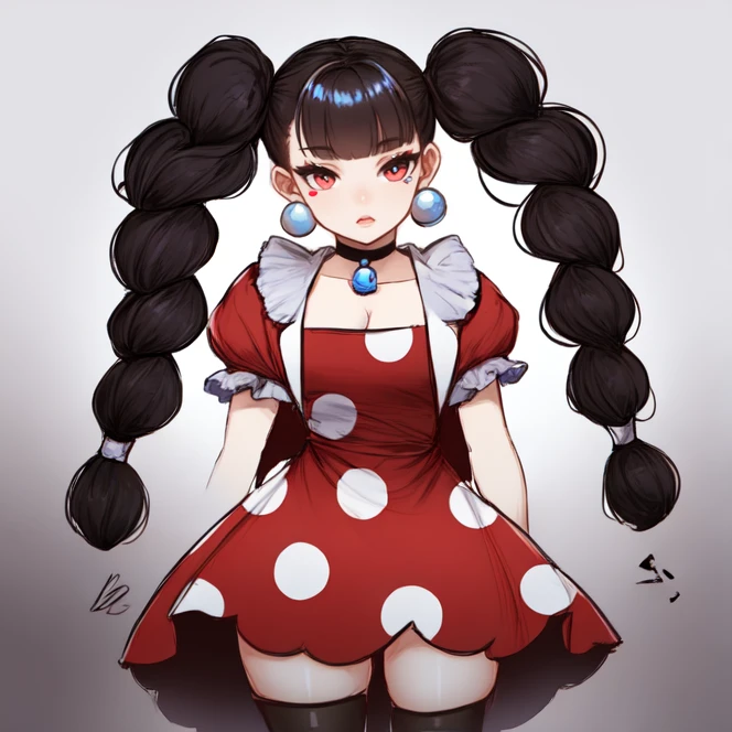 cowboy shot, solo, <lora:yuika_(MMBN):0.7> yuika, long hair, black hair, red eyes, braid, bangs, twin braids, twintails, clown earrings, choker, polka dot dress, asymmetrical legwear, highres, Digital art, trending on artstation, best quality, insanely detailed, masterpiece, stunning environment, wide-angle,