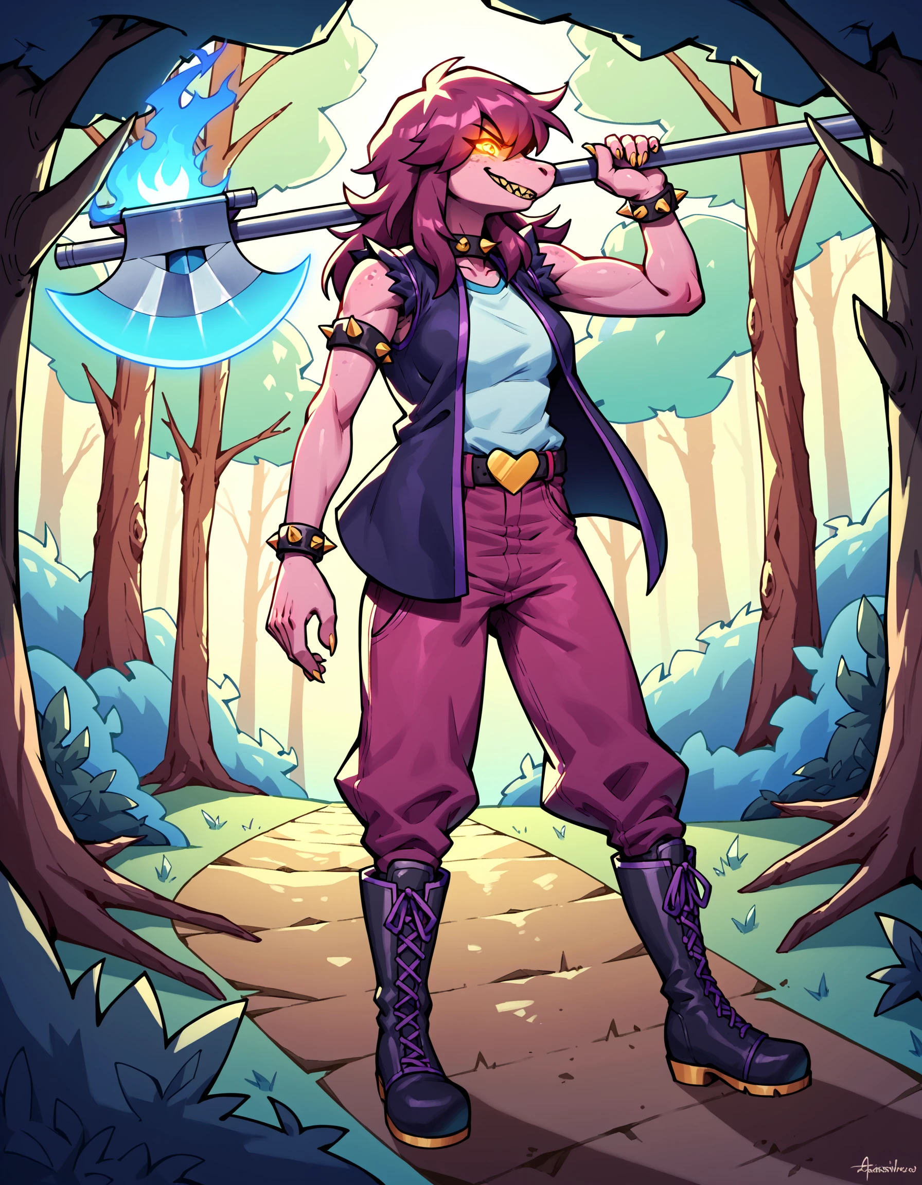 score_9, score_8_up, score_7_up, score_6_up, score_5_up, score_4_up, darksusie, art illustration, sleeveless, cgi, digital, 1girl, arm_belt, holding axe, full body, glowing eye, heart, smirk, black boots, blue fire, forest