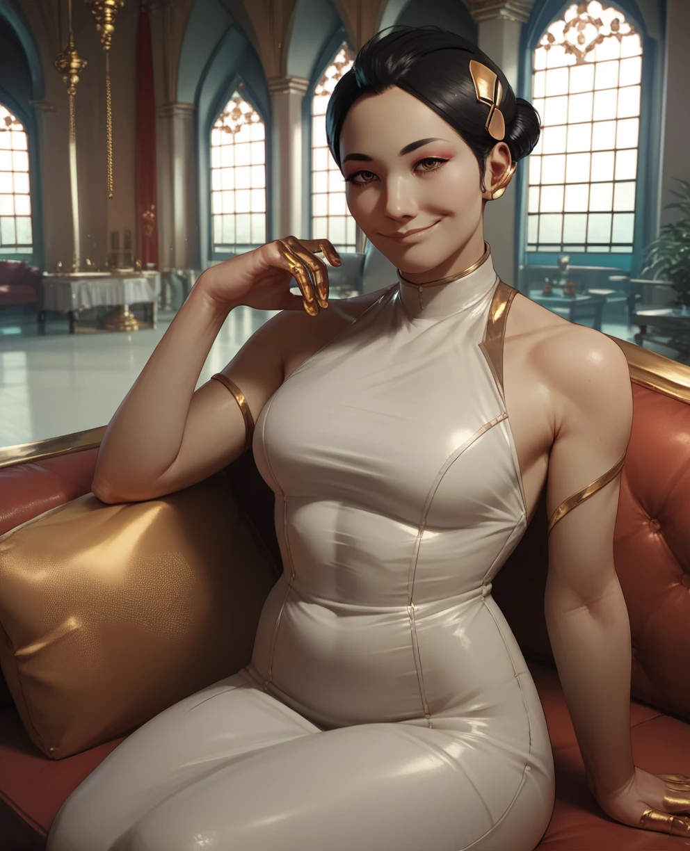 score_9,score_8_up,score_7_up,score_6_up,hanako,black hair,hair ornament,hairbun,makeup,brown eyes,gold fingers,gold hand,
bare shoulders,white dress,jewelry,gold earpiece,skin tight,
couch,sitting,looking at viewer,smile,
mansion,indoors,
<lora:Hanako_Arasaka:0.8>,