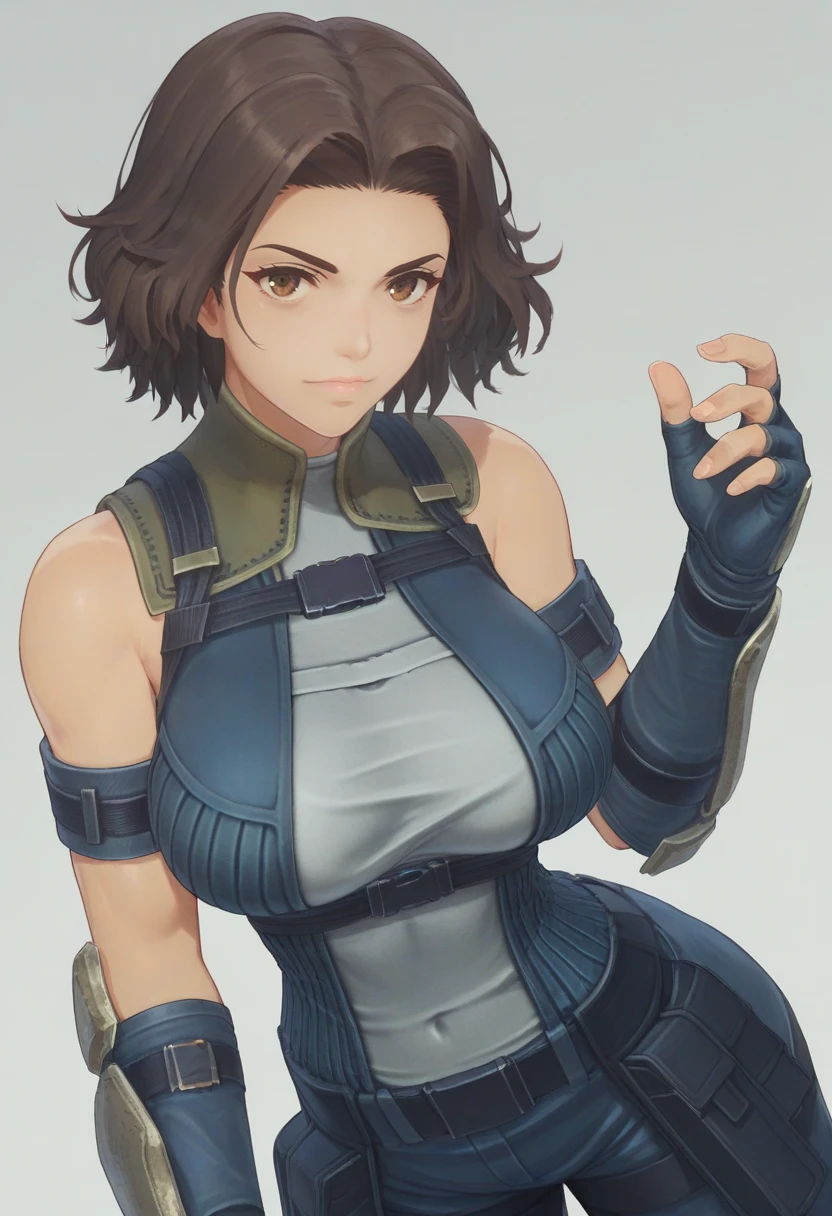 score_9, score_8_up, score_7_up, vanguard, 1girl, solo, cowboy shot, ribbed shirt, green collar, blue pants, arm pads, fingerless gloves, arm bands, short hair, large breasts, brown eyes, monica, simple background <lora:monica xl 026 fro 95:1>