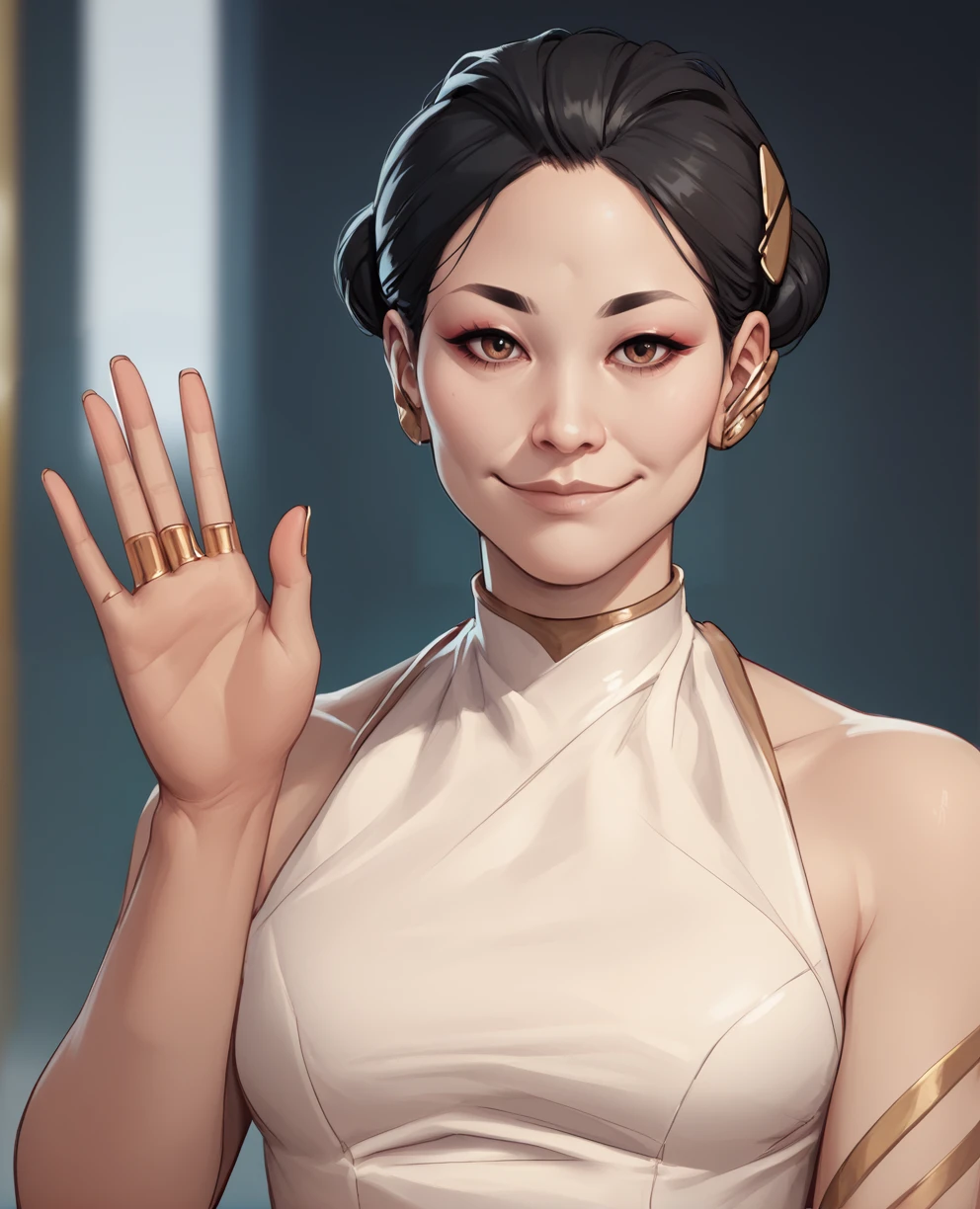 score_9,score_8_up,score_7_up,score_6_up,hanako,black hair,hair ornament,hairbun,makeup,brown eyes,white dress,jewelry,gold earpiece,light smile,looking at viewer,(gold fingers:1.1),standing,upper body,<lora:Hanako_Arasaka:0.9>,waving,bare shoulders,