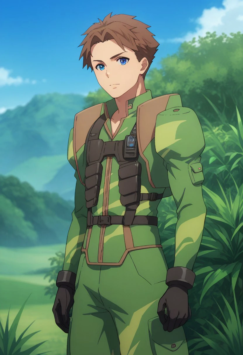 score_9, score_8_up, score_7_up, source_anime, highly detailed, 
heivia, 1boy, male focus, solo, brown hair, short hair, blue eyes, uniform, military, military uniform, standing, looking at viewer, green uniform,
outdoor, sky,