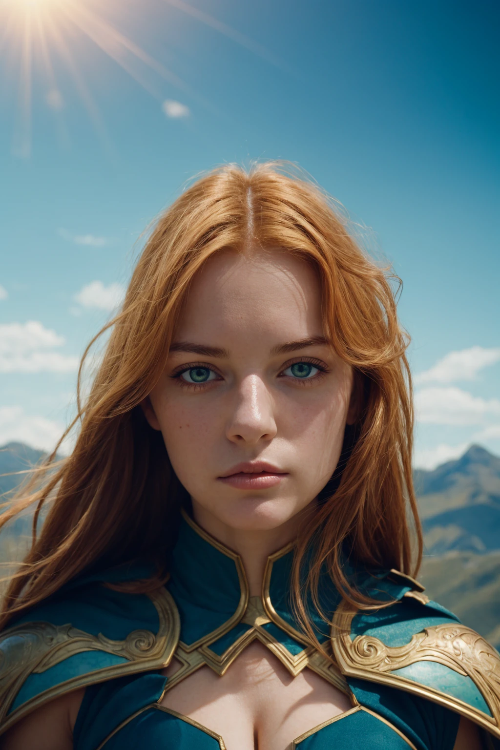 European 1girl ,ginger hair,beautiful face,dragon knight,fantasy,horizon, film grain, cinematic lighting, absurdres detail,