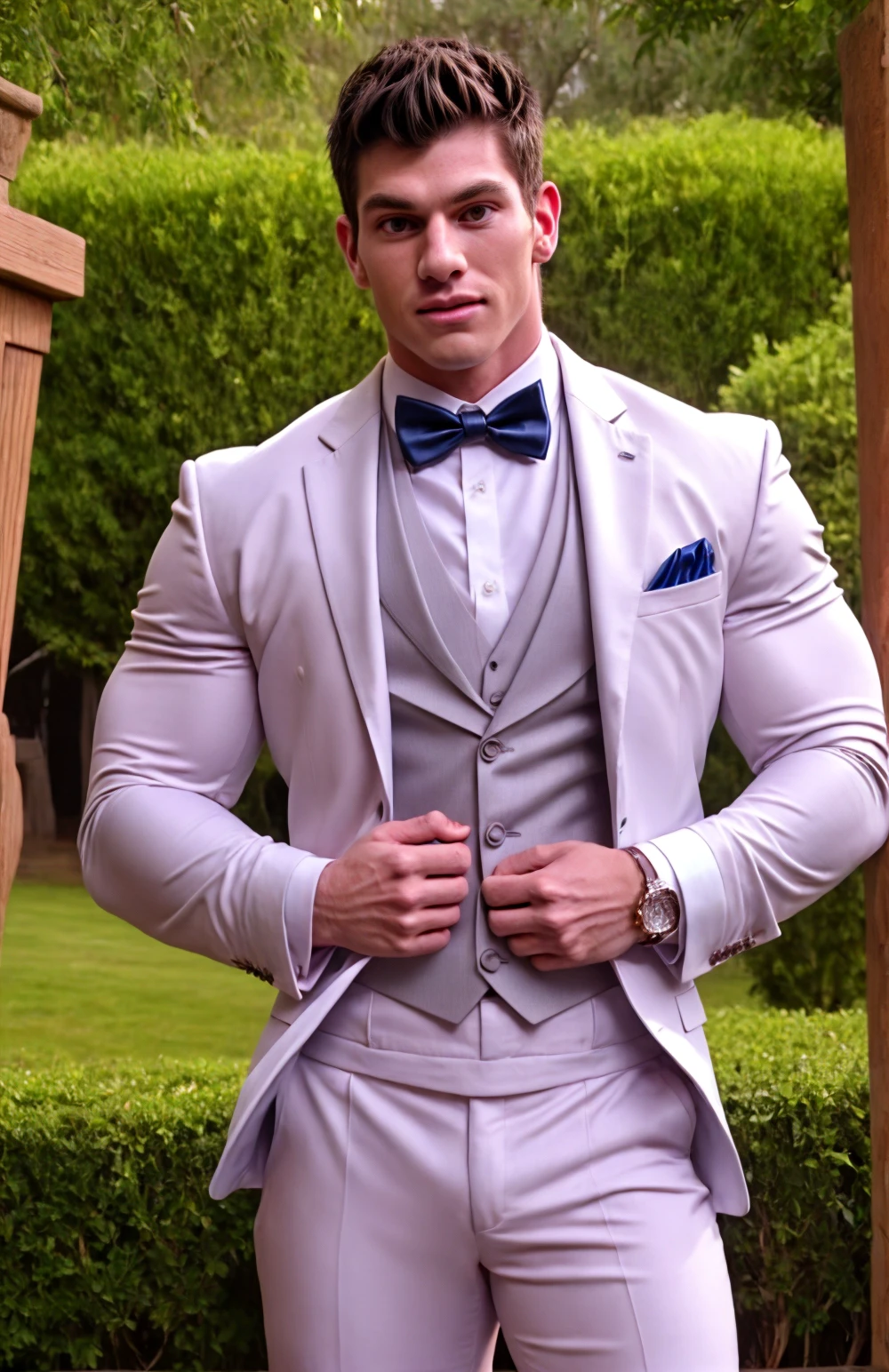 (face focus). <lora:BulkedUpAIR1.5:0.1>, (masculine:1.4), at outdoor sunny wedding, ((muscular man wearing designer formal suit)), sexy pose:1.0, confident, handsome, (((masterpiece))), (((best quality))), <lora:more_details:0.5>, (hands on waist), male, athletic, looking at viewer, smile, big pecs:1.2,<lora:cp5b5tle878c739ajldg:1.2>, DaveSalmoniHero
