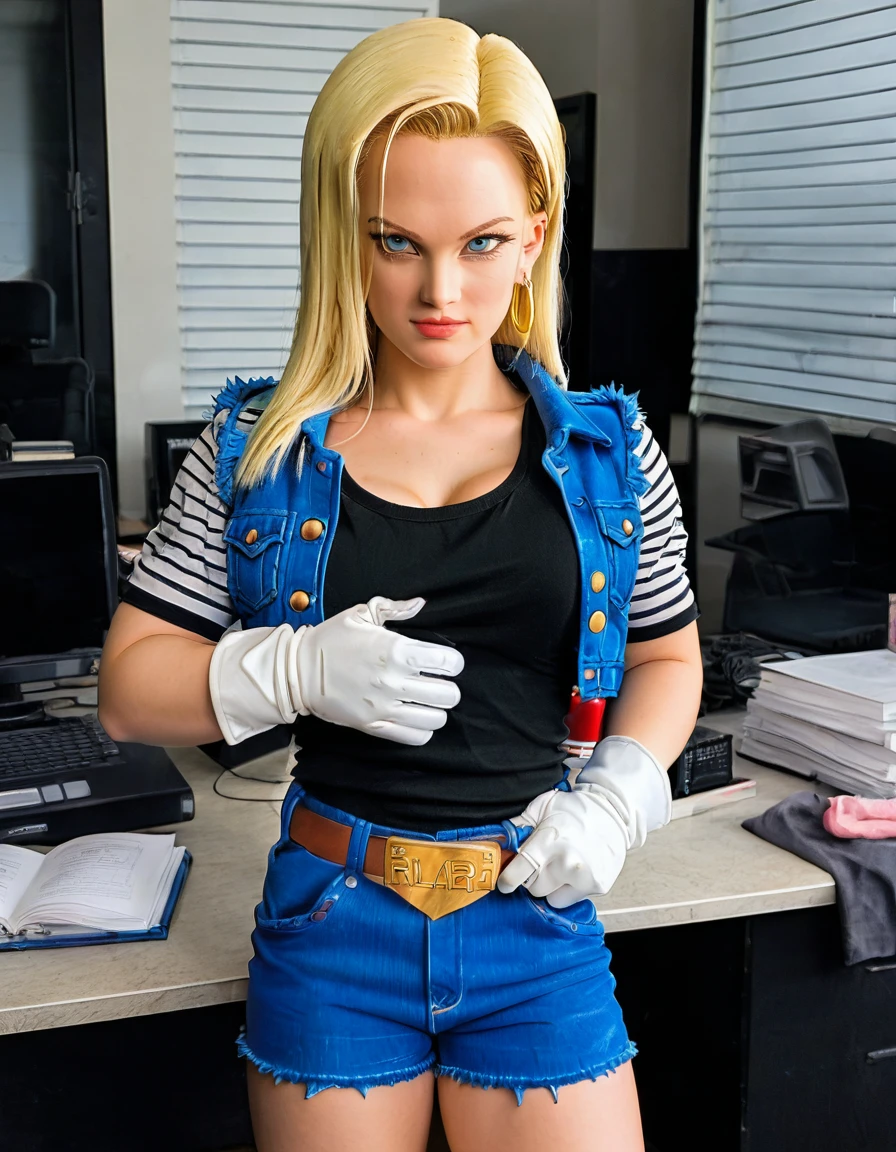 cinematic photo of Superandroid18, black shirt with striped sleeves, denim shorts, belt, mid riff, hair in front of eye, white gloves, long blonde hair, denim jacket, working as a hotel receptionist, hotel lobby, desk, behind the counter