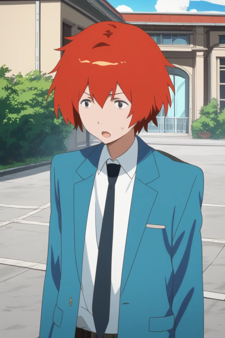 score_9, score_8_up, score_7_up, masterpiece, best quality, amazing quality, best aesthetic, ,absurdres,intricate details,male focus, yuki sanada, red hair, grey eyes, blue blazer, white shirt, school uniform, blue necktie, 1boy, male focus, solo, shirt, necktie, outdoors, sweatdrop, open mouth, day<lora:EMS-418648-EMS:1.000000>