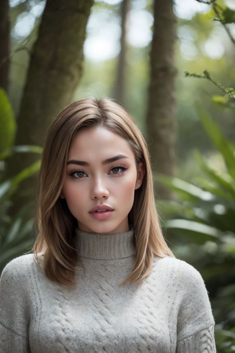 photo of S465_RikaFane,a stylish woman,in a (forest:1.1),wearing a (sweater),(4k, RAW photo, best quality, 50mm, depth of field, ultra high res:1.1),(intricate, photorealistic, cinematic-shot, masterpiece, ultra-detailed:1.1),