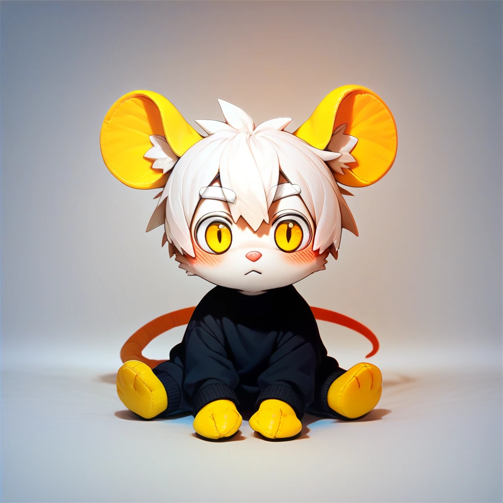 score_9, score_8_up, score_7_up, score_6_up, toys_mikus, fumo style, fumo toys, looking at the view, sitting, white background, , mikus, yellow hand, yellow ears, mouse, solo, white eyebrows, pink nose, white hair, 1boy, blush, yellow eyes, black dot eyes,((white fur)), tail, body fur, mouse ears ((black sweater, black pant)),