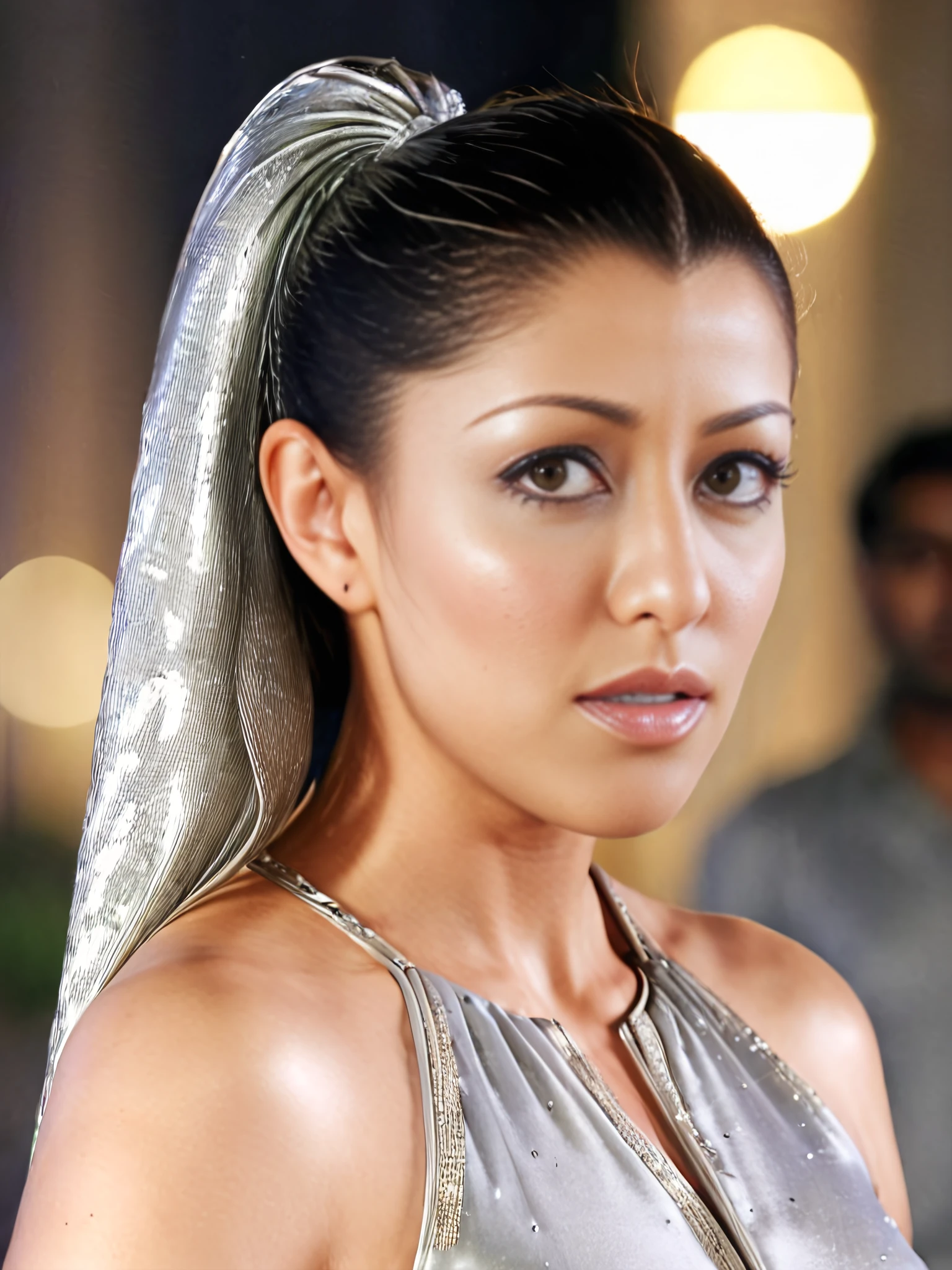 upper body photo of aditi govitrikar woman, solo, ponytail hair cut, serious look, looking at the camera,  Silver ethnic clothing, night time, contrasting background bokeh <lora:Aditi_Govitrikar_SDXL_LoRA_prodigy_local_xformers_HNE-step00000500:1>