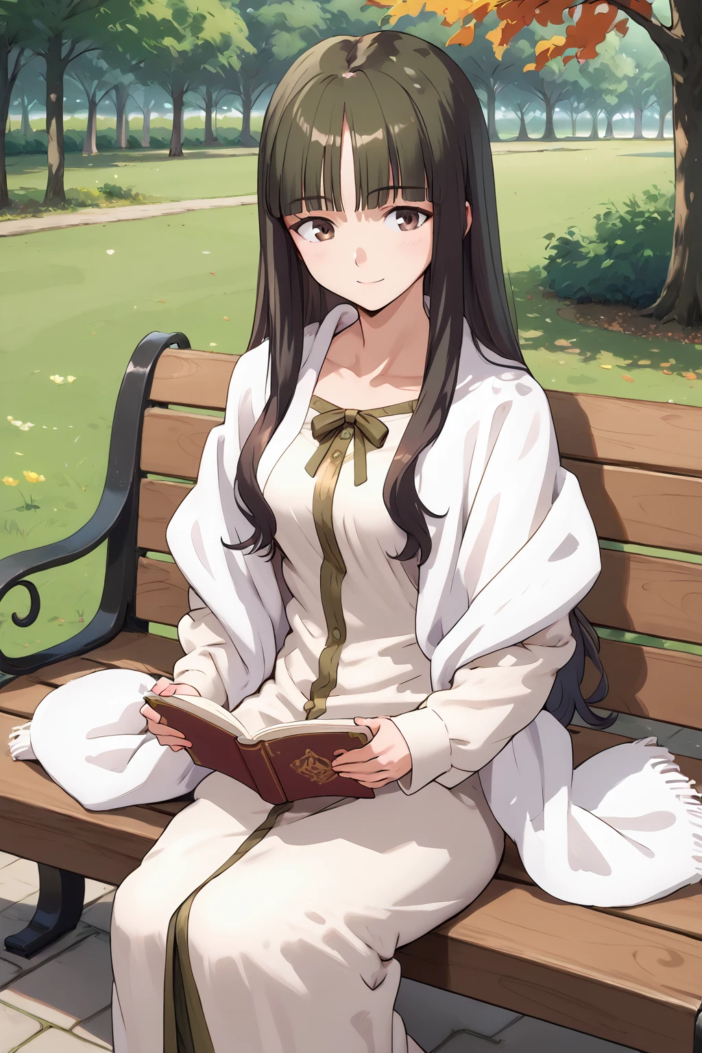 score_9, score_8_up, score_7_up, , source_anime, 1girl,  tohsakaaoi, 1girl, solo, long hair, long dress, , shawl, blunt bangs, brown eyes, ribbon ,dark green hair, cowboy shot,, smile , long sleeves, sitting, reading, looking at viewer, park, outdoors, <lora:tohsakaaoi_pony-000010:1>, medium breasts,  bench