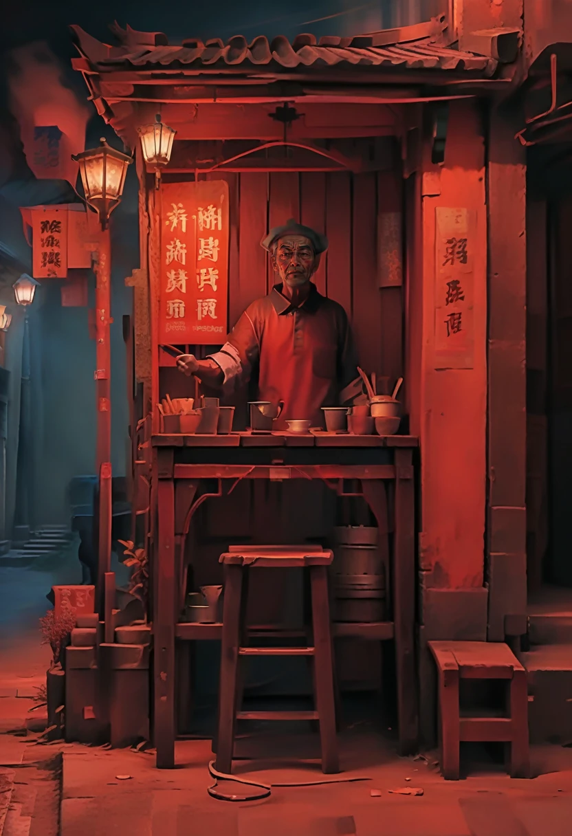 (((best quality, masterpiece, ultra-detailed))), (((high quality photography, Canon EOS R3, photorealistic))), horror art, dark, Chinese Horror, Chinese Horror, Horror theme, eerie atmosphere, night time, sinister older male character, alleyway setting, digital art, red and orange color palette, menacing expression, vintage street lamps, makeshift wooden stall, urban decay, candlelight, ominous shadows, cobblestone street, unidentifiable location, tattered clothing, narrative element, fantasy horror genre, abandoned feel, dark fantasy, mysterious scene, aged textures, <lora:增加細節3:1>