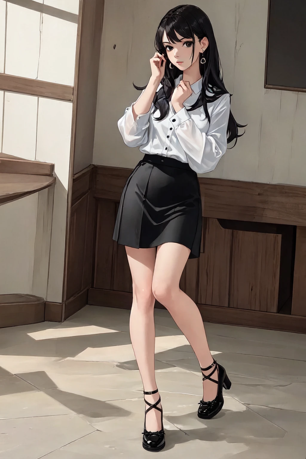 1girl,solo,(masterpiece:1.2),(best quality:1.2),realistic,highly detailed,4K,solo,black eyes,earrings,indoors,black hair,long hair,looking at viewer,<lora:perfect hands:0.4>,indoors,skirt,white_shirt,<lora:tmj1:0.7>,(black footwear:1.1),high heels,tied marry janes,full_shot,posing,windows,