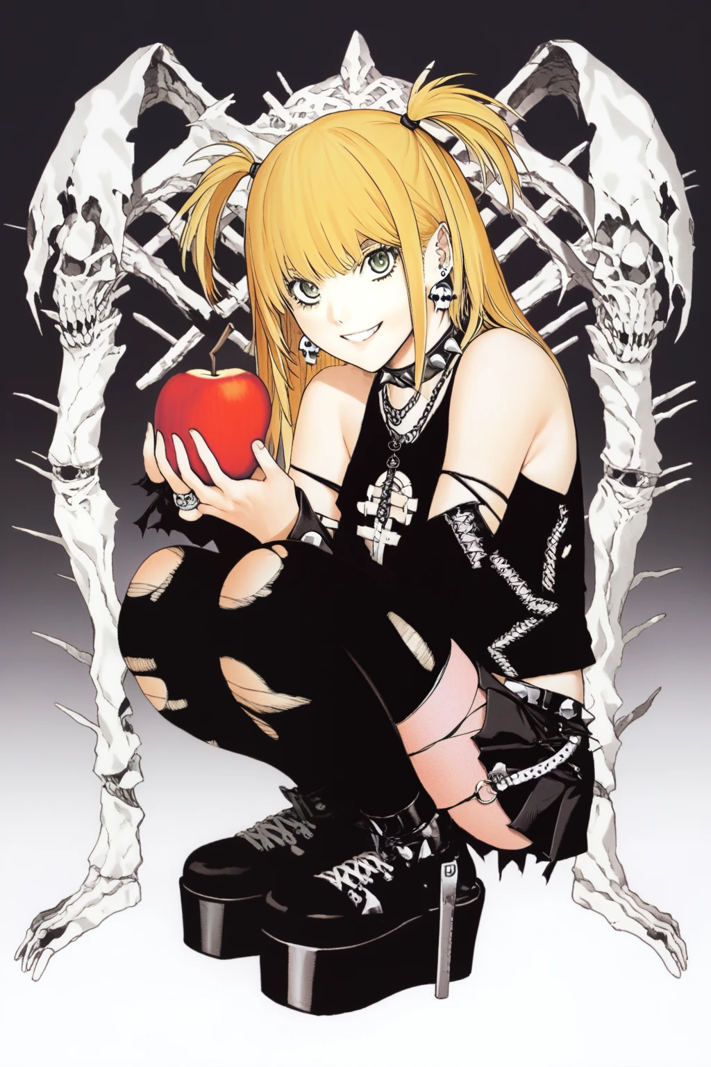 score_9, score_8_up, score_7_up, takeshiobata, official art, 1girl, smile, looking at viewer, blonde hair, two side up, black shirt, detached sleeves, bare shoulders, spiked collar, earrings, jewelry, skulls, single glove, pantyhose, mini skirt, torn clothes, black footwear, platform shoes, squatting, holding apple, absurdres