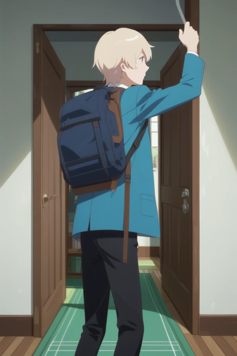 score_9, score_8_up, score_7_up, masterpiece, best quality, amazing quality, best aesthetic, ,absurdres,intricate details,male focus, haru, blonde hair, purple eyes, blue blazer, white shirt, school uniform, 1boy, male focus, solo, door, bag, indoors, pants, parody, backpack, jacket, blue jacket, black pants, long sleeves<lora:EMS-418647-EMS:1.000000>