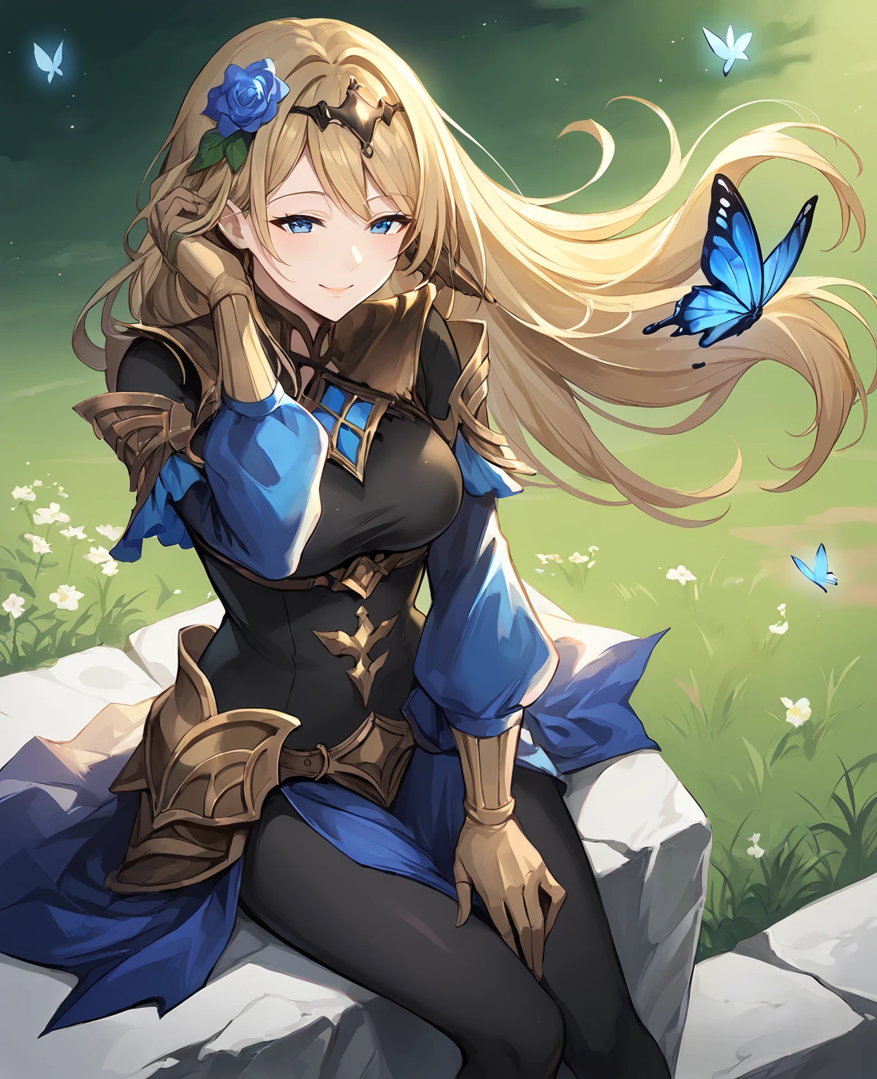 score_9,score_8_up,score_7_up,source_anime,rating_safe BREAK masterpiece,highres,best quality,high quality,dramatic angle,cinematic lighting,1girl,<lora:ShadowverseTetra_Pony_V2:0.86>,blonde hair,blue eyes,hair ornament,hairband,long hair,gold trim,headgear,black bodysuit,blue skirt,black pantyhose,sarong,blue sleeves,gloves,happy,butterfly,head wreath,hair flower,extremely detailed background,grass,sitting on rocks,shiny,blue sky,white clouds,turning head,wind,mature female,smile,adjusting hair,half-closed eyes