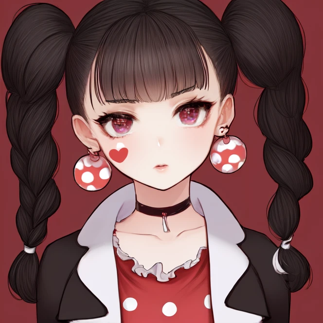 extreme close-up, portrait, solo, <lora:yuika_(MMBN):0.7>, yuika, long hair, black hair, red eyes, braid, bangs, twin braids, twintails, (clown earrings), heart on cheek, heart facial mark, choker, polka dot dress, cropped jacket, black jacket, long sleeves, open jacket, highres, Digital art, trending on artstation, best quality, insanely detailed, masterpiece, stunning environment, wide-angle,