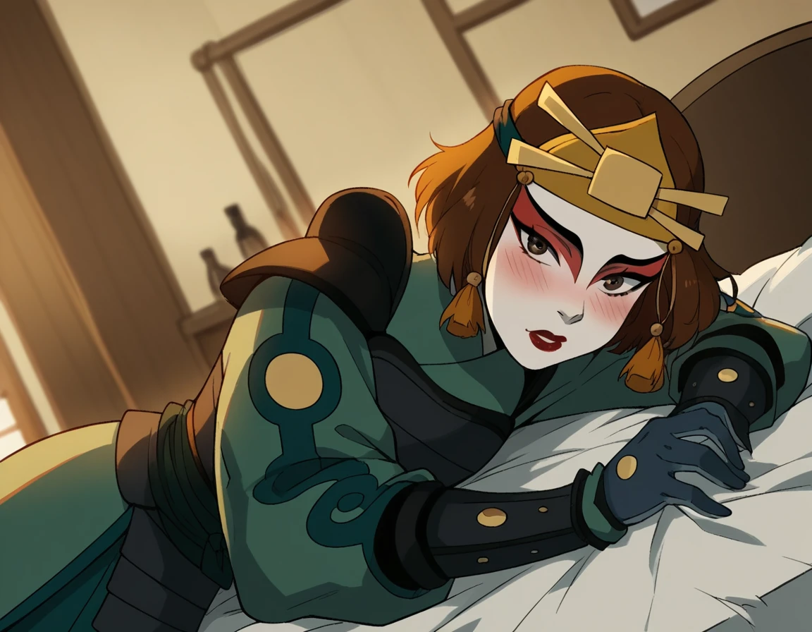 score_9, score_8_up, score_7_up, source_anime, <lora:suki-book2-ponyxl-lora-nochekaiser:1>, suki, short hair, brown hair, brown eyes, makeup, lipstick,, gloves, armor, breastplate, hair ornament, gloves,, indoors, bed, bed room, on side, blush, drunk, looking at viewer, solo, cowboy shot, dutch angle