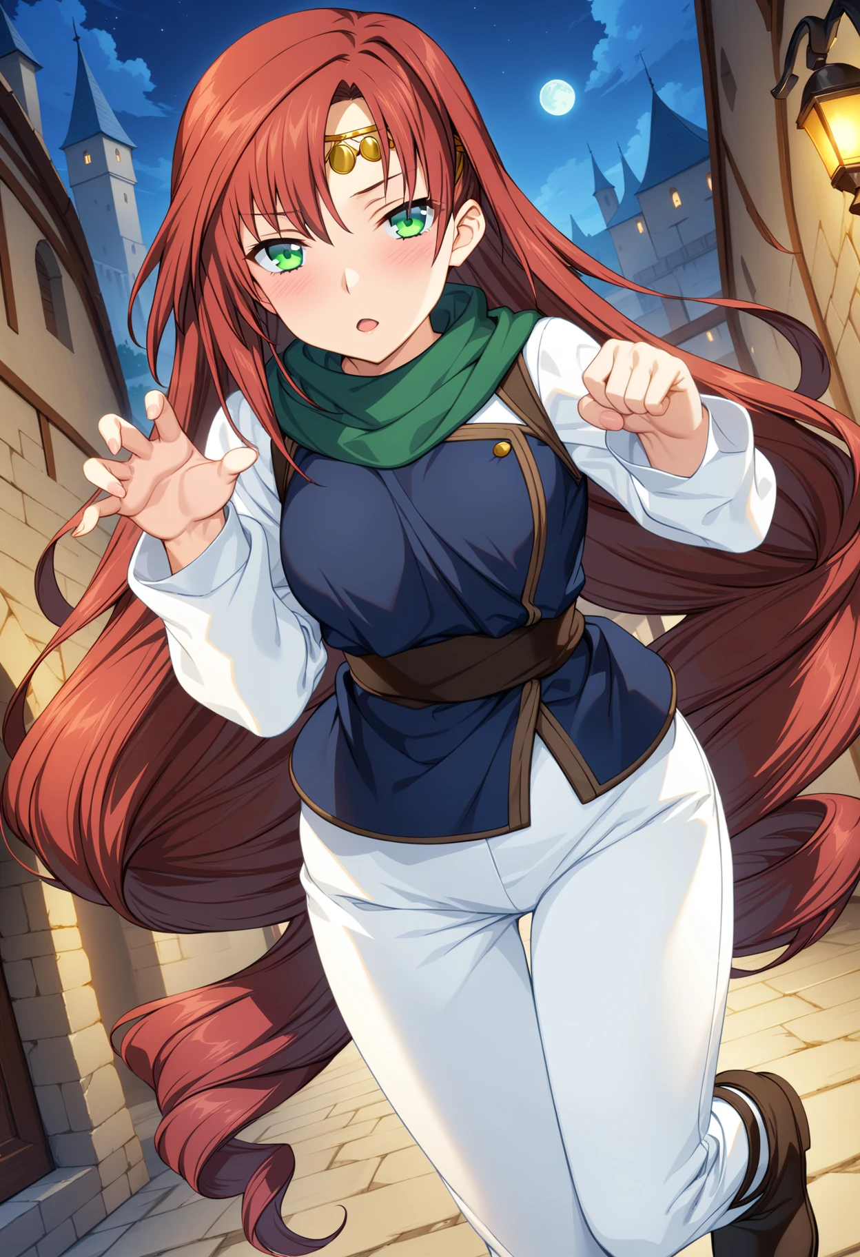 (masterpiece:1.2),best quality,very aesthetic,absurdres,fantasy,1girl,<lora:elenoa_ran_v2:1>,elenoa_ran,circlet,02clothes,white pants,red hair,green eyes,very long hair,light_blush,embarrass,medieval cityscape,looking_at_viewer,dynamic_angle,cinematic_angle,(night:1.2),stars,<lora:Fixhands_anime_bdsqlsz_V1:1>,full body,claw_pose,, masterpiece,best quality, very aesthetic, absurdres, ultra detailed, high resolution, 4k, extremely detailed CG,