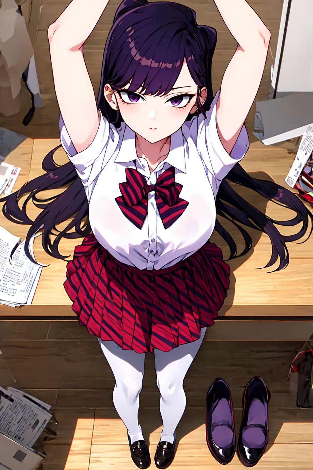 masterpiece, best quality, Stretching both arms overhead,   <lora:Komisan-07:1>KomisanUni2, komi shouko, 1girl, solo, long hair, black hair, purple hair, purple eyes, school uniform, white shirt, short sleeves, collared shirt, bowtie, red bow, striped bow, red skirt,  shoes, black pantyhose, indoors,