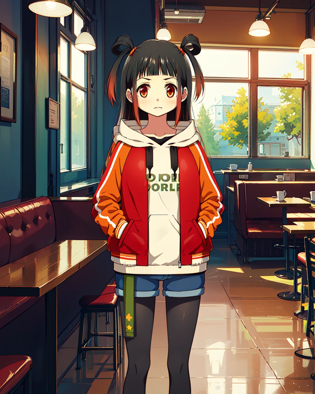 masterpiece, high quality, mgrcoobajuri, 1girl, upper body, medium shot, standing, red eyes, black hair, short twintails, white hoodie, unzipped red with orange tracksuit, blue shorts, green belt, black tights, indoors, cafe, evening, hands in pockets, bored, <lora:mgrcoobajuri:0.8>