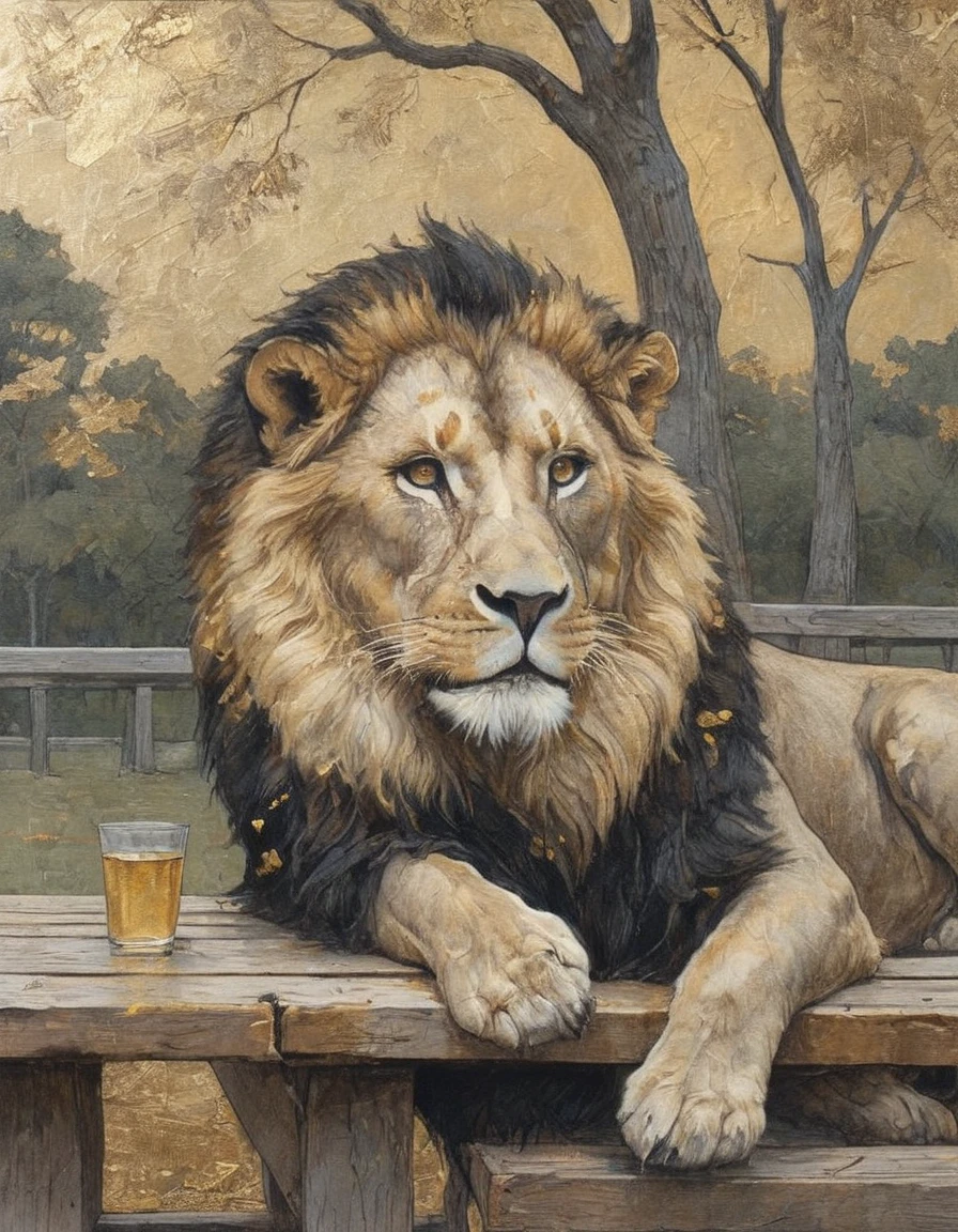 gold leaf minimalist portrait of a majestic lion on a picnic table watching people in the park