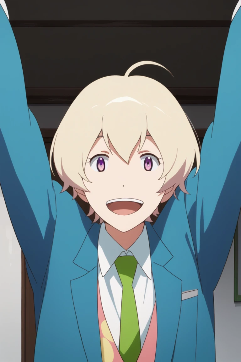 score_9, score_8_up, score_7_up, masterpiece, best quality, amazing quality, best aesthetic, ,absurdres,intricate details,male focus, haru, blonde hair, purple eyes, blue blazer, white shirt, school uniform, male focus, 1boy, smile, open mouth, necktie, solo, ahoge, green necktie, looking at viewer, parody, arms up<lora:EMS-418647-EMS:1.000000>