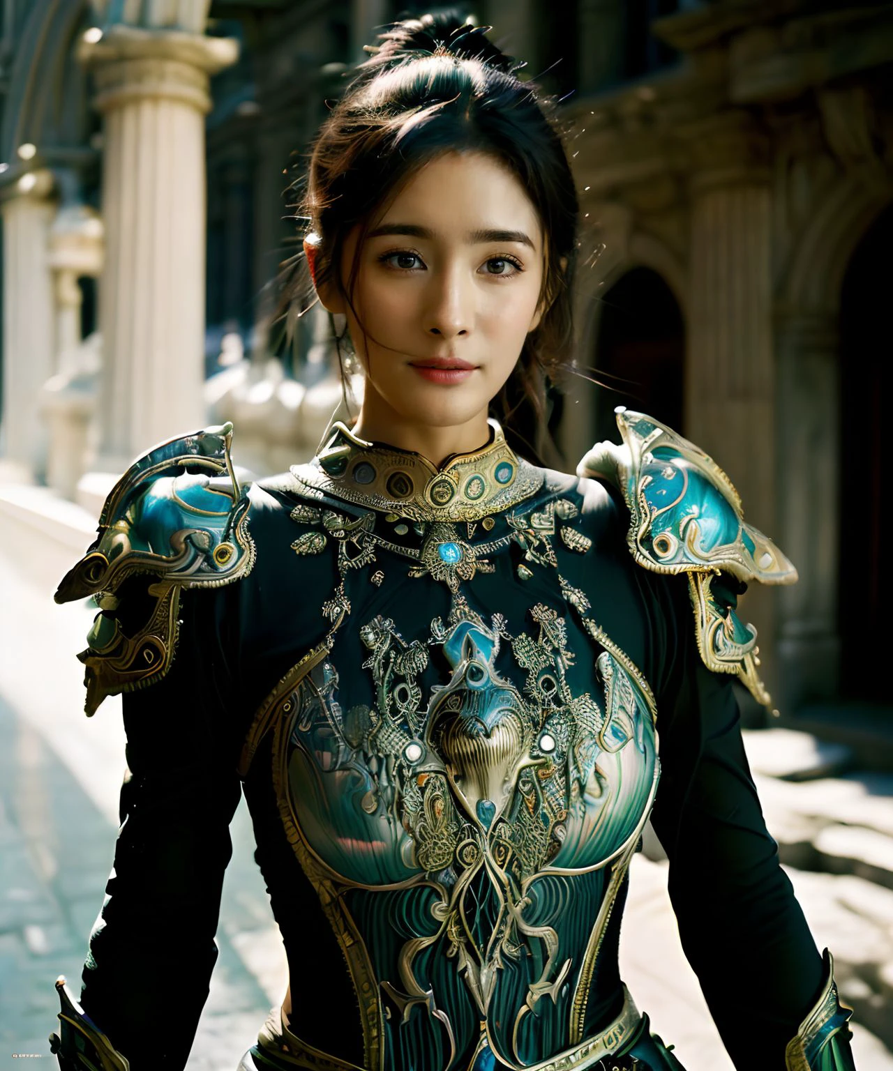 film photography aesthetic,yangmi woman,high-resolution, masterpiece, unity 8k wallpaper, female knight, heaven armor,armor is  flamboyant and exaggerated,muted color palette  korean, opalescent phantasy dragonflayer  genesis evangelion, fluffwork chiaroscuro, fractals highly detailed, ornate, fibonacci rhythms <lora:yangmi_lshw3e4_2-000024:0.6><lora:epi_noiseoffset2 (1):0.6> <lora:more_details (1):0.6>