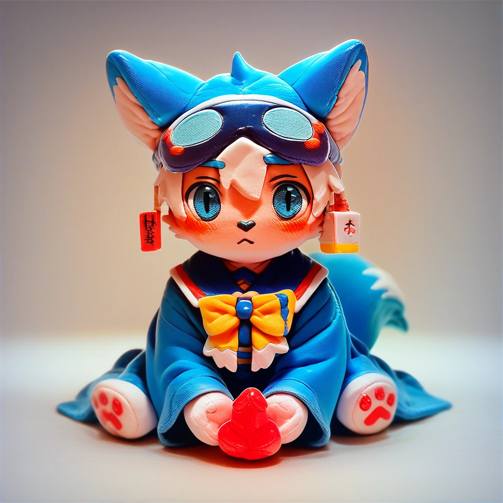 score_9, score_8_up, score_7_up, score_6_up, toys_mikus, fumo style, fumo toys, looking at the view, sitting, white background, blue fox, blush,