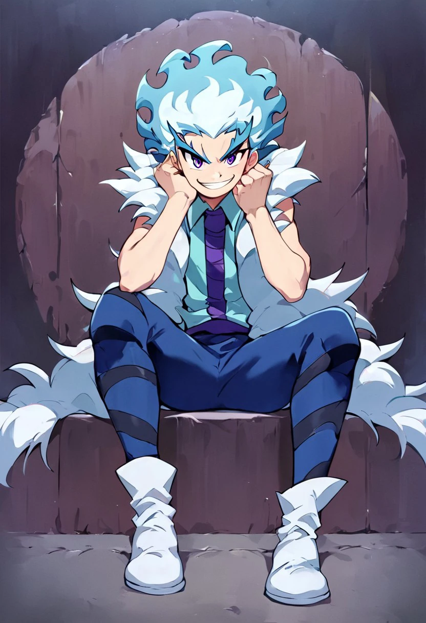 Score_9, Score_8_up, Score_7_up, source_anime, 1boy, luishirosagi, blue pants with black stripes, light blue and white hair, purple eyes, perfecteyes, sitting, dominant pose, sitting, knee raised, fist on cheek,  mocking smile, negative_hand,