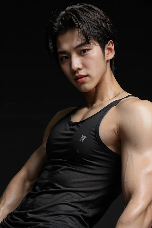 hongseok, muscular, solo, 1boy, wearing black tank shirt, black sleeveless shirt, <lora:NSFWFilter:-1> shiny_skin, male focus <lora:oil2.0_2-512-64:0.8> (highres, ultra detailed) ((masterpiece)), ((best quality:1.1)), High Resolution, 8k,1boy, (photorealistic:1.4), high quality, dynamic poses <lora:hongseok:0.9> <lora:more_details:0.6>