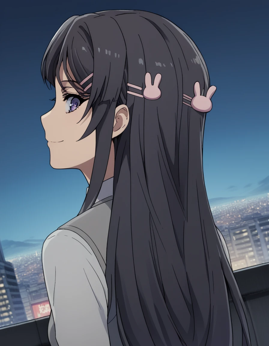 score_9, score_8_up, score_7_up, source_anime, maisakurajima, <lora:mai-sakurajima-s1-ponyxl-lora-nochekaiser:1> mai sakurajima, long hair, bangs, black hair, hair ornament, purple eyes, hairclip, rabbit hair ornament, medium breasts,, <lora:shaft-look-ponyxl-lora-nochekaiser:1>, shaft look, looking back, from behind, head tilt,, cityscape, street, smile,, cowboy shot, dutch angle, solo,