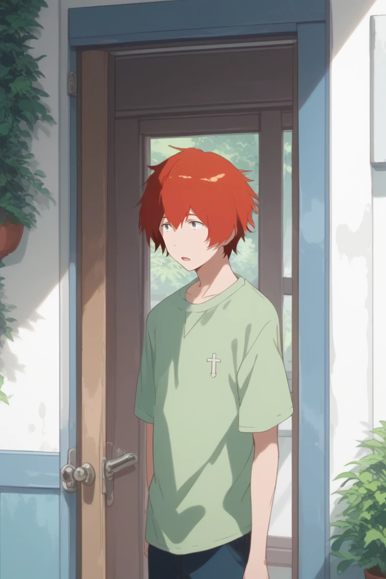 score_9, score_8_up, score_7_up, masterpiece, best quality, amazing quality, best aesthetic, ,absurdres,intricate details,male focus, yuki sanada, red hair, grey eyes, 1boy, male focus, solo, open mouth, plant, door, from outside, green shirt, opening door, shirt, window<lora:EMS-418648-EMS:1.000000>