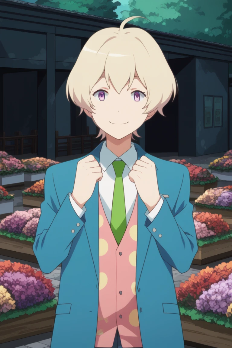 score_9, score_8_up, score_7_up, masterpiece, best quality, amazing quality, best aesthetic, ,absurdres,intricate details,male focus, haru, blonde hair, purple eyes, blue blazer, white shirt, school uniform, male focus, 1boy, solo, necktie, green necktie, smile, ahoge, flower, looking at viewer, jacket, outdoors, clenched hands, pink vest<lora:EMS-418647-EMS:1.000000>