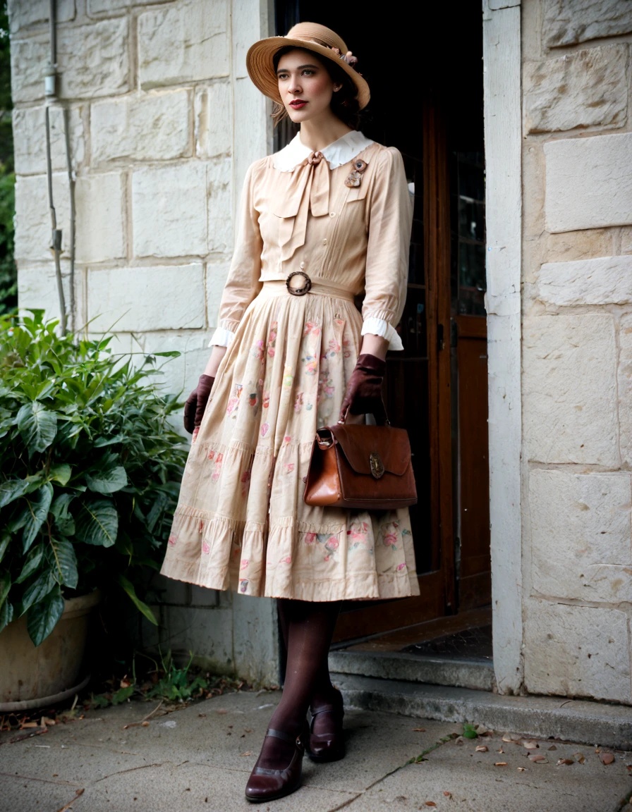 score_9,score_8_up,uncensored,realistic,1girl,<lora:Vintage_Fashion:1>,vintage fashion, hat, brown hair, jewelry, dress, skirt, pantyhose, handbag, gloves, outdoors