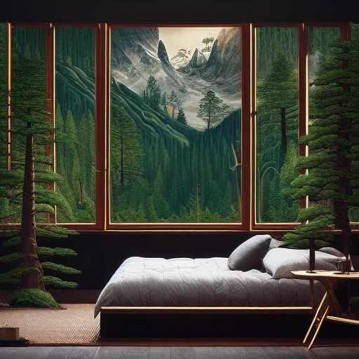 black background, forest, nature, a bedroom with a mountain view and a bed, a poster with a variety of trees and other things, a painting of a tree with a horse in the middle, willtoulan