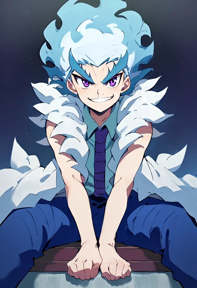 Score_9, Score_8_up, Score_7_up, source_anime, 1boy, solo, luishirosagi, (blue pants with black stripes), light blue and white hair, purple eyes, perfecteyes, sitting, dominant pose, sitting, mocking smile, negative_hand,