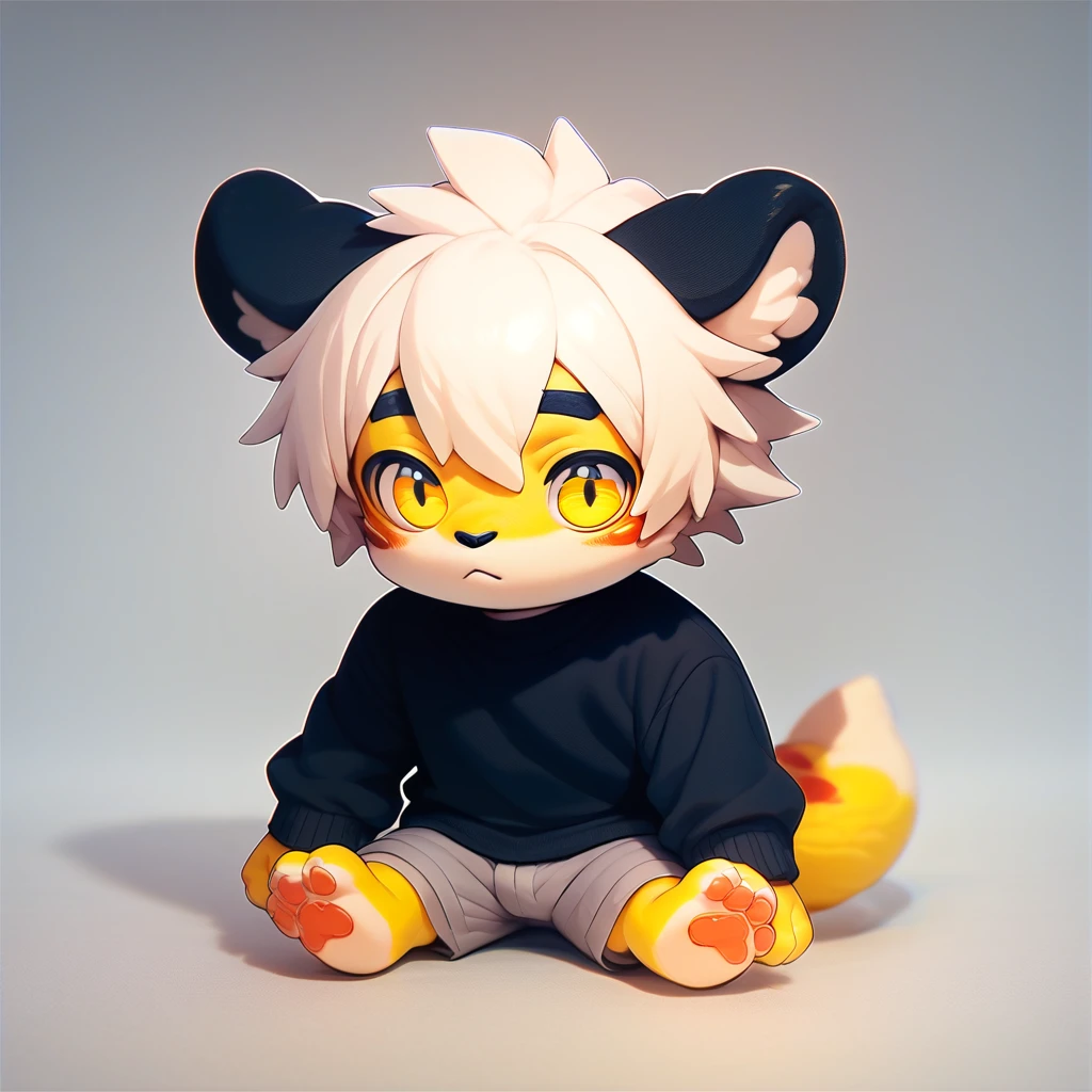 score_9, score_8_up, score_7_up, score_6_up, toys_mikus, fumo style, fumo toys, looking at the view, sitting, white background, , anthro, poyo, paws, boy, shortstack, small boy, (white hair, dark yellow eyes, yellow fur, white fur, yellow paws, tail tip black, black ears), (black sweater, gray shorts),
