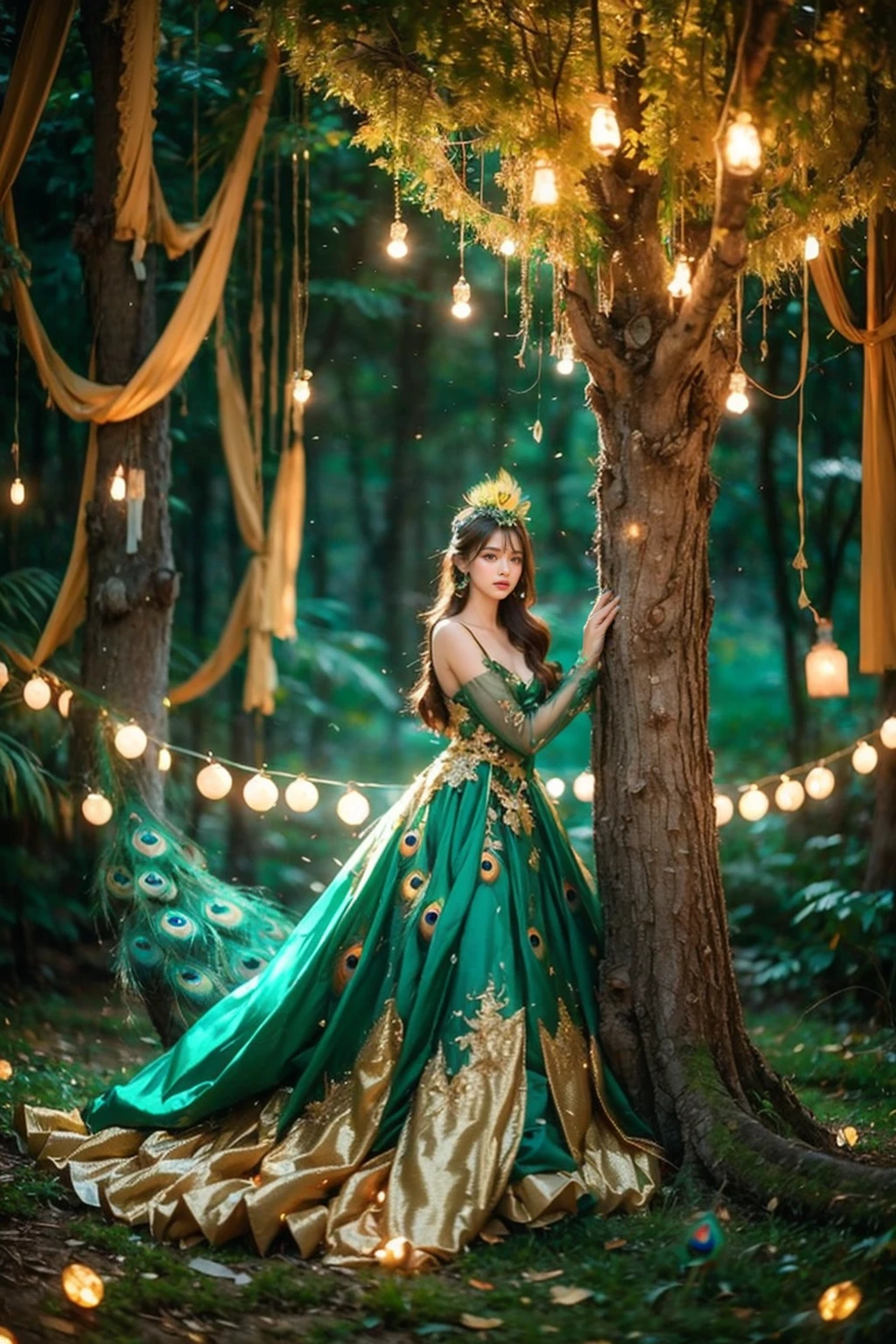 high quality,masterpiece,professional photography,8k,realistic,a girl in a peacock dress standing in a forest, jungle gown, fantasy photoshoot,royal green and nature light,looking majestic in forest,decorated with intricate details in emerald green and gold,solo,standing,long hair,looking at viewer,brown hair,long sleeves,brown eyes,blurry,tree,depth of field,fantasy art style,falling golden sparks add a magical touch to the scene, decorative light bulbs,plant,stairs,((peacock green feathers dress)),detailed textures, <lora:JAY - Jungle Princess:0.8>,