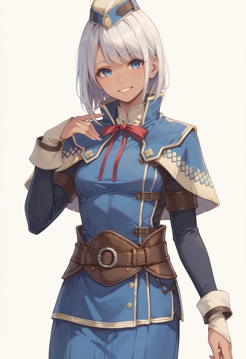 (score_9:0.9),score_8_up,score_7_up,rating_safe,anime_style,(zPDXL),<lora:hub lass and Brigade Armor ponyXL v1.2:0.73>,brigade clothes,1girl,solo,blue hat,smile,white background,simple background,looking at viewer,cowboy shot,blue capelet,red neck ribbon,black long sleeves,blue clothes,dark-skinned female,