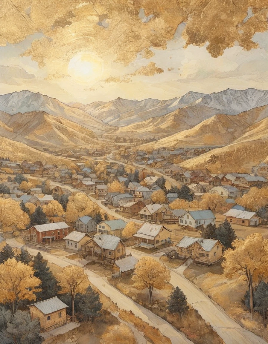 gold leaf illustration of aerial view of a Colorado small town at sunrise