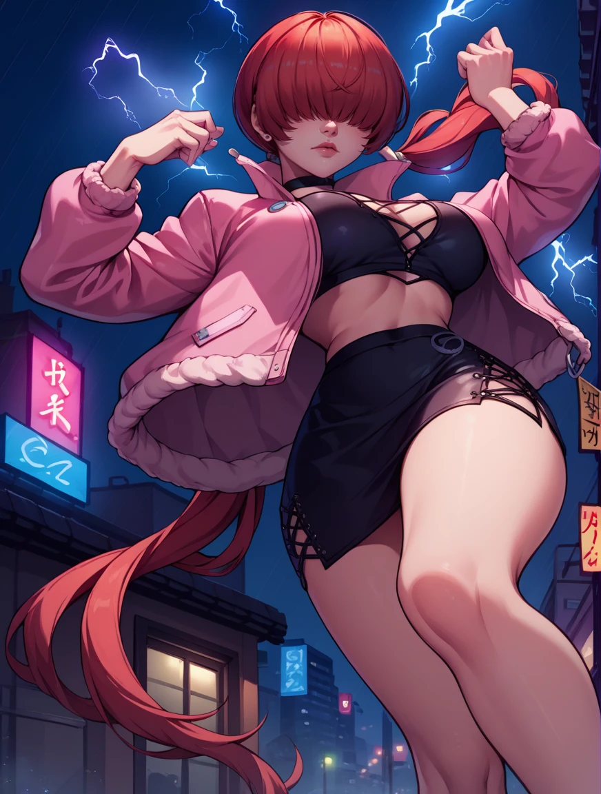score_9, score_8_up, score_7_up,score_6_up, score_5_up, score_4_up , 1girl, solo, 
large breasts,
shermieDG,
split ponytail, long hair, bangs, hair over eyes,red hair,
miniskirt,  jacket, pink jacket, choker,cropped jacket, 
city, night, neon lights, rain, 
fighting stance,
from below,
electricity, magic,
 <lora:Shermie DG (PonyXL) v01-000003:0.90>
