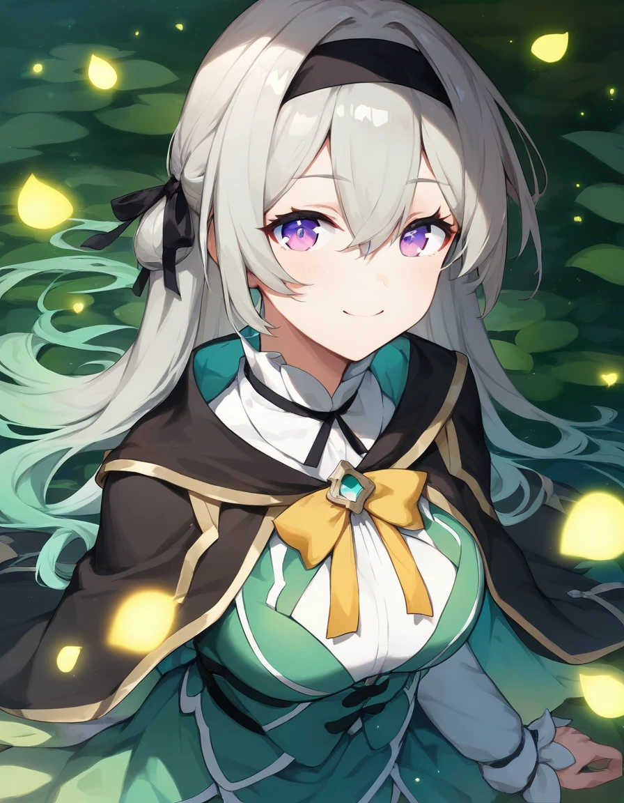 score_9,score_8_up,score_7_up,score_6_up BREAK official art,solo,outdoors,cheek-to-cheek,upper body,(portrait:1.5),looking at viewer,facing viewer,smile,Firefly,long hair,grey hair,gradient hair,multicolored hair,floating hair,black hairband,hair ribbon,black ribbon,hair intakes,leaf hair ornament,hair between eyes,parted bangs,purple eyes,black cape,neck ribbon,yellow ribbon,green dress,long sleeves,medium breasts,green skirt,white bow,zettai ryouiki,black thighhighs,white footwear,<lora:Firefly(hsr)-Pony:1.2>,<lora:Smooth Anime Style LoRA XL:0.8>,